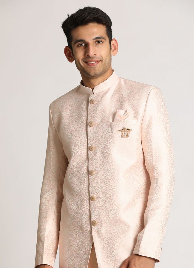 Manyavar Men Pastel Pink Self Design Indo Western