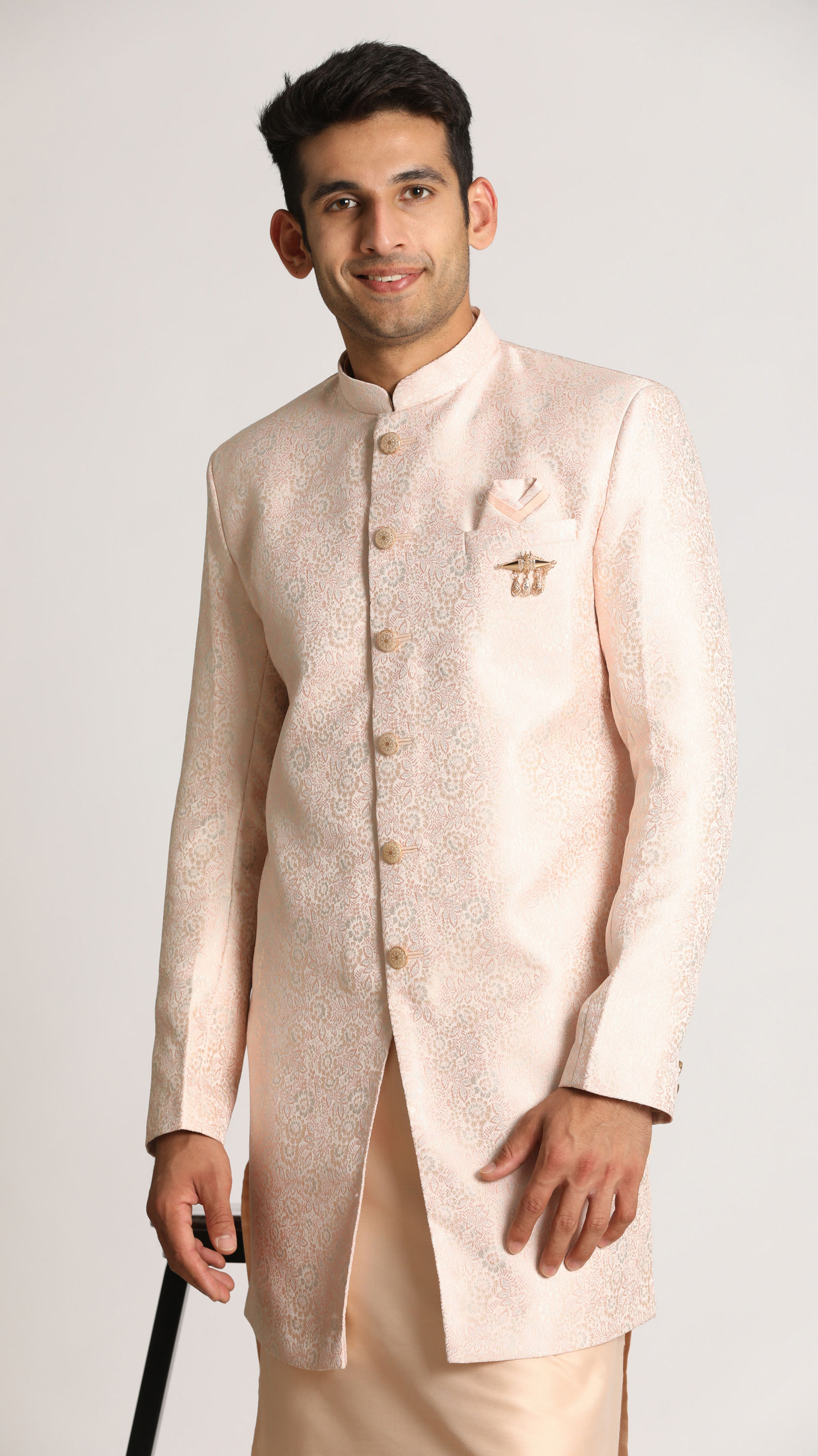 Manyavar Men Pastel Pink Self Design Indo Western