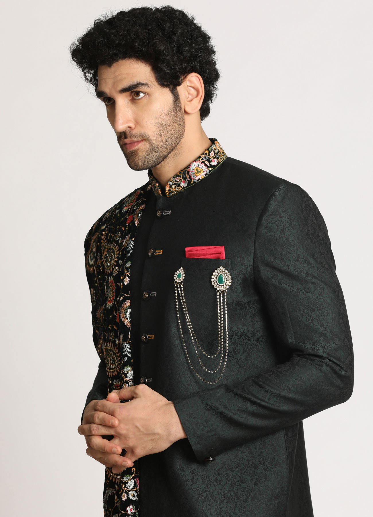 Manyavar Men Dark Green Indo Western With Dupatta