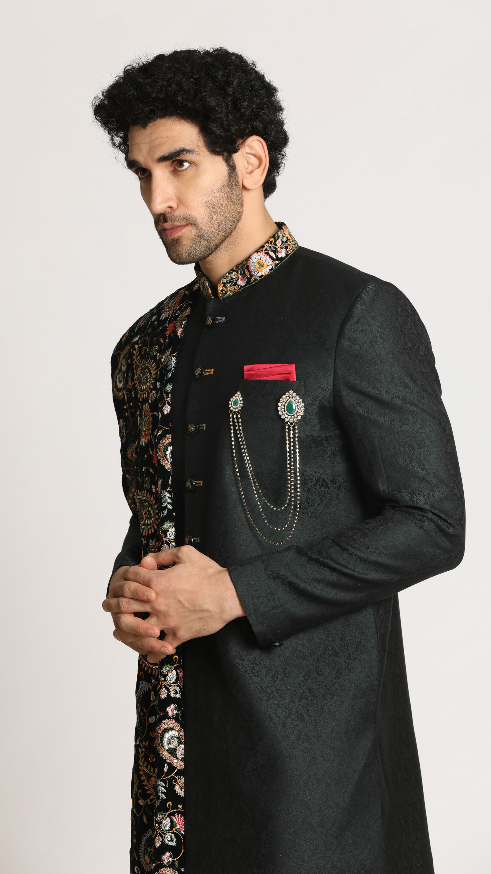 Manyavar Men Dark Green Indo Western With Dupatta