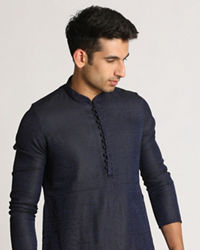 Manyavar Men Navy Blue Self Design Kurta Set