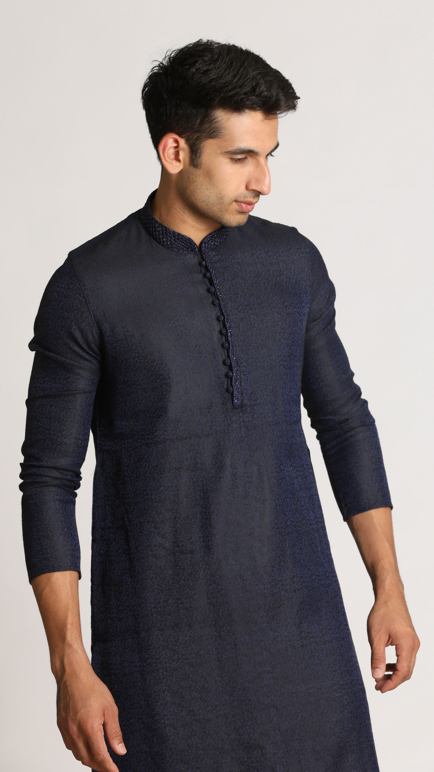 Manyavar Men Navy Blue Self Design Kurta Set