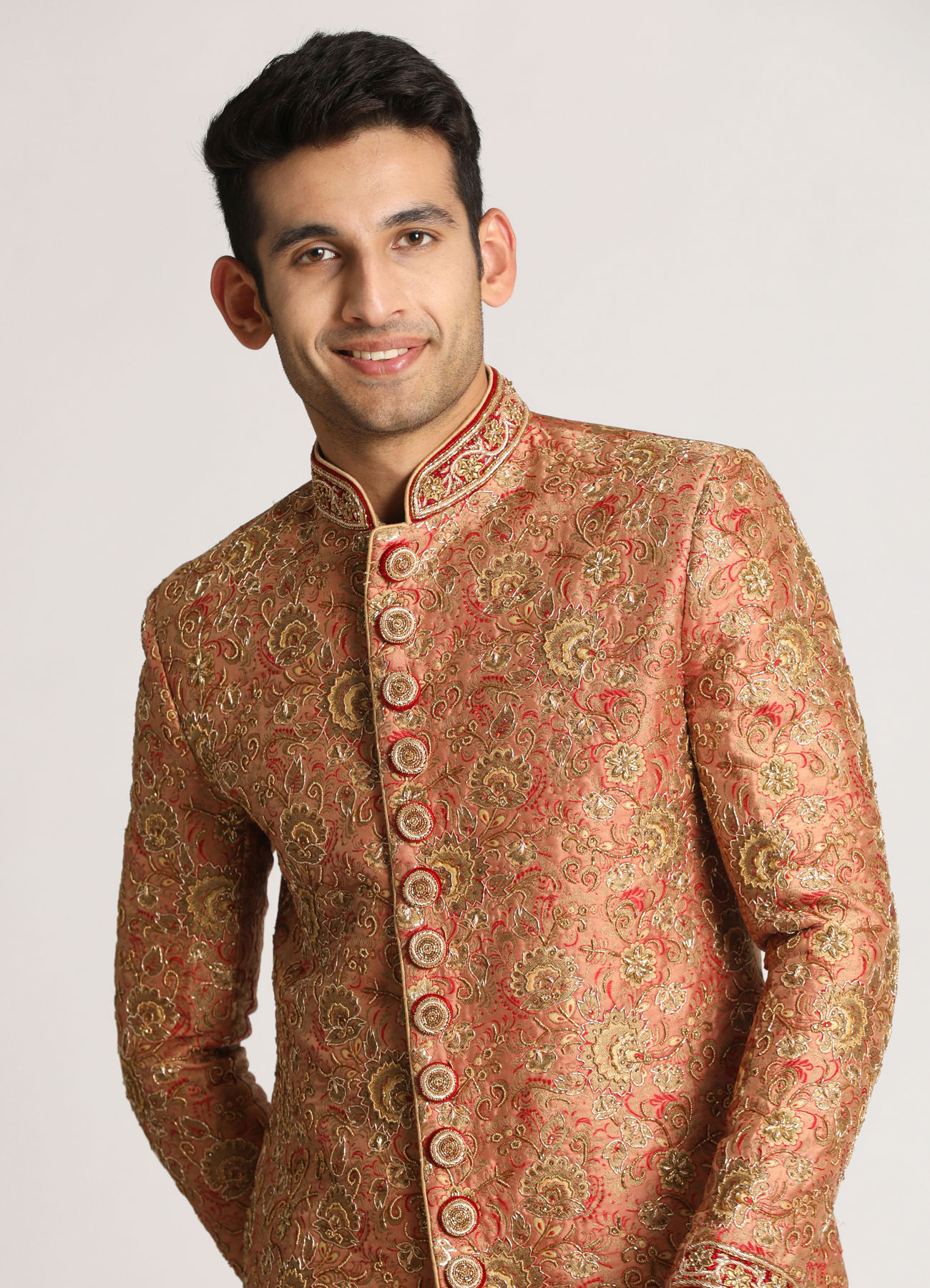 Manyavar Men Rust Pink Embroidered Indo Western