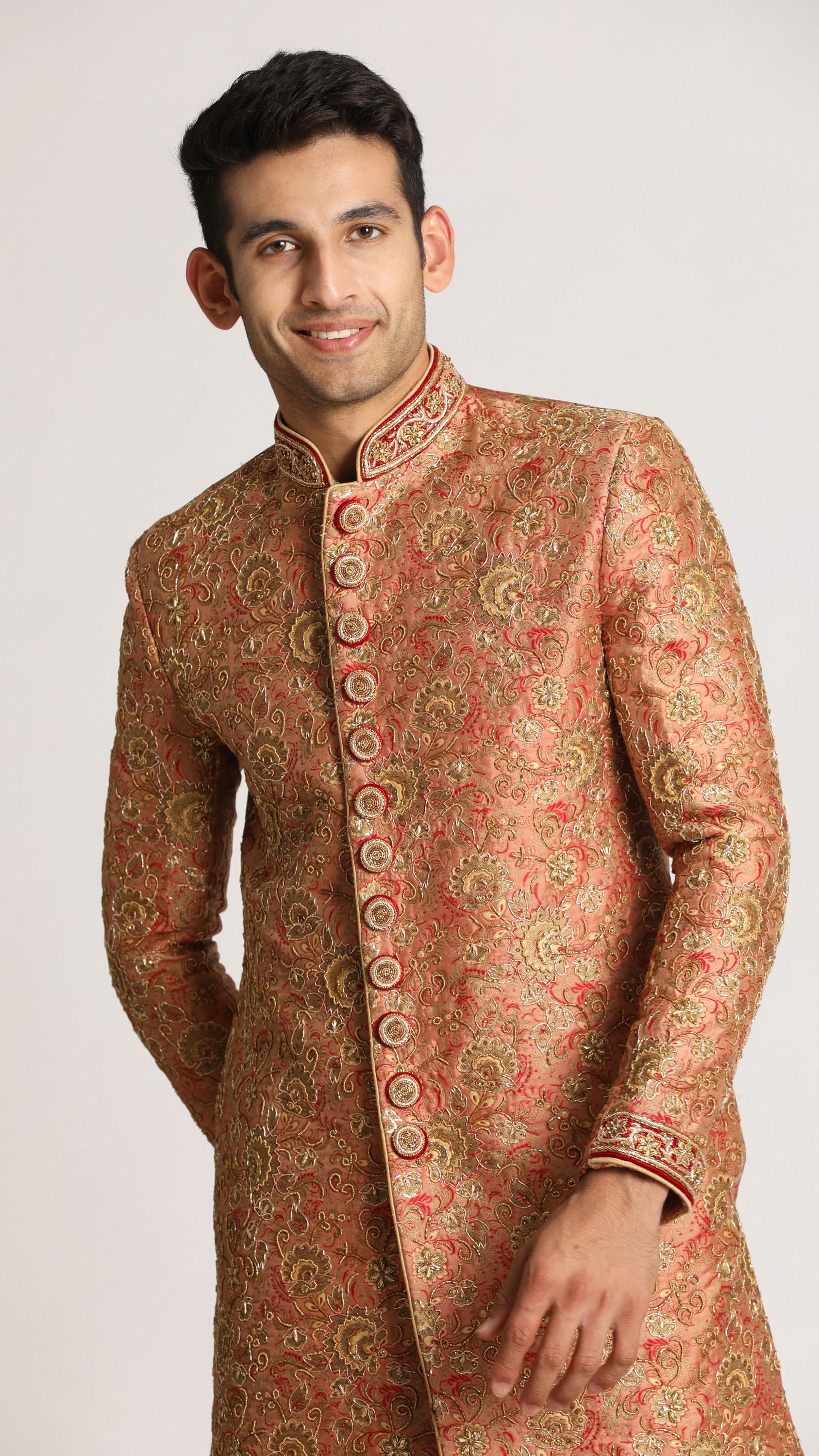 Manyavar Men Rust Pink Embroidered Indo Western