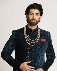 Manyavar Men Teal Green Velvet Indo Western