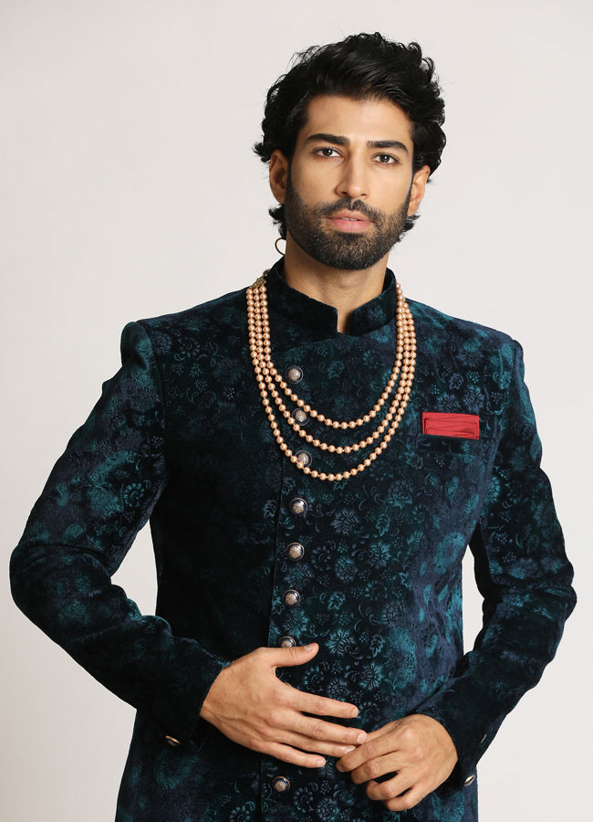 alt message - Manyavar Men Teal Green Velvet Indo Western image number 0