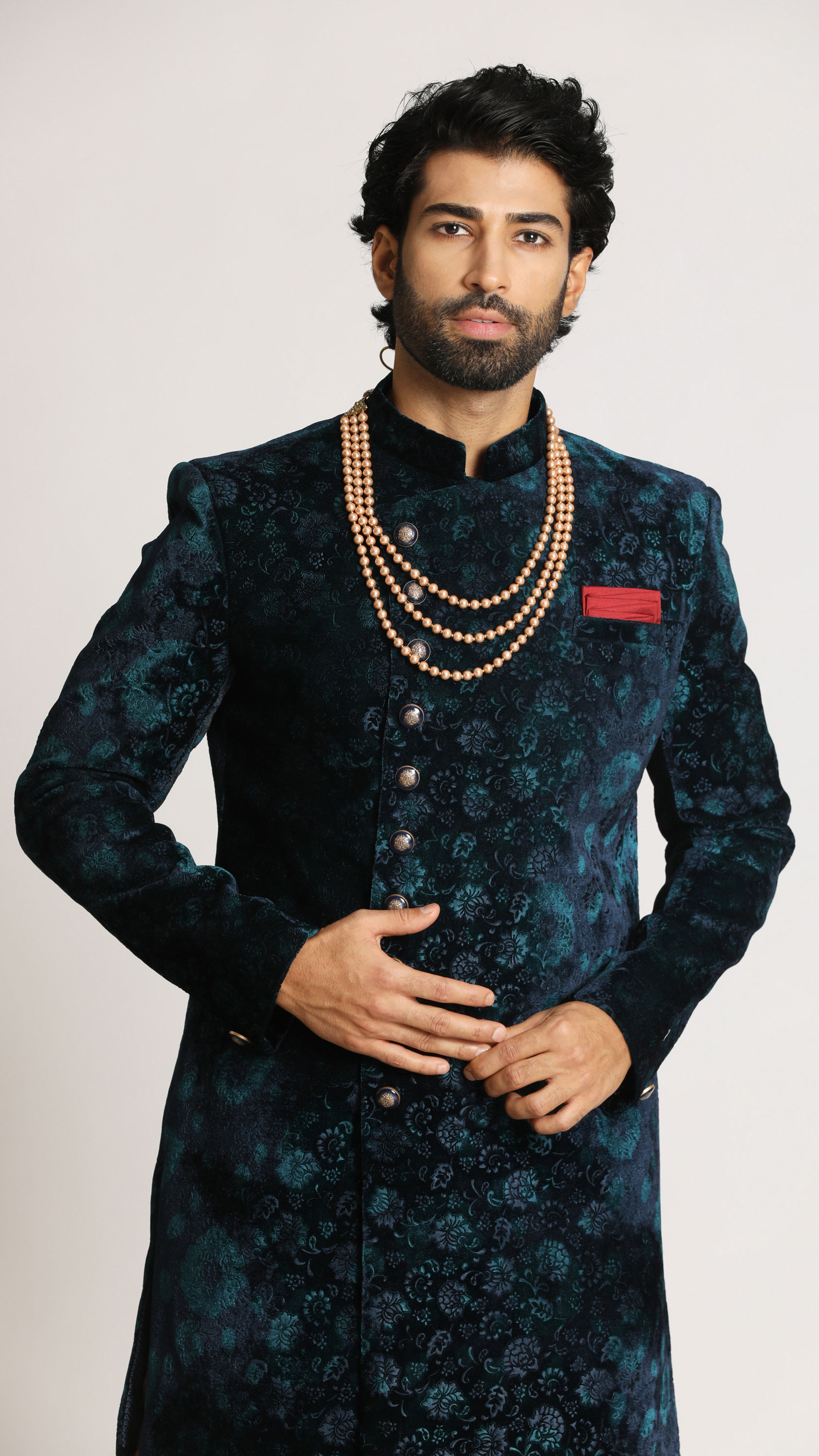 Manyavar Men Teal Green Velvet Indo Western