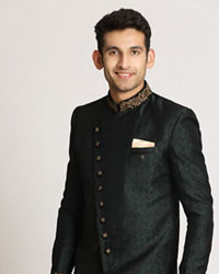 Manyavar Men Bottle Green Paisley Indo Western