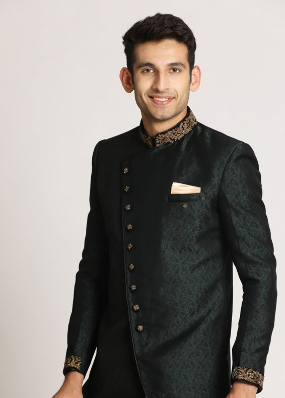 Manyavar Men Bottle Green Paisley Indo Western