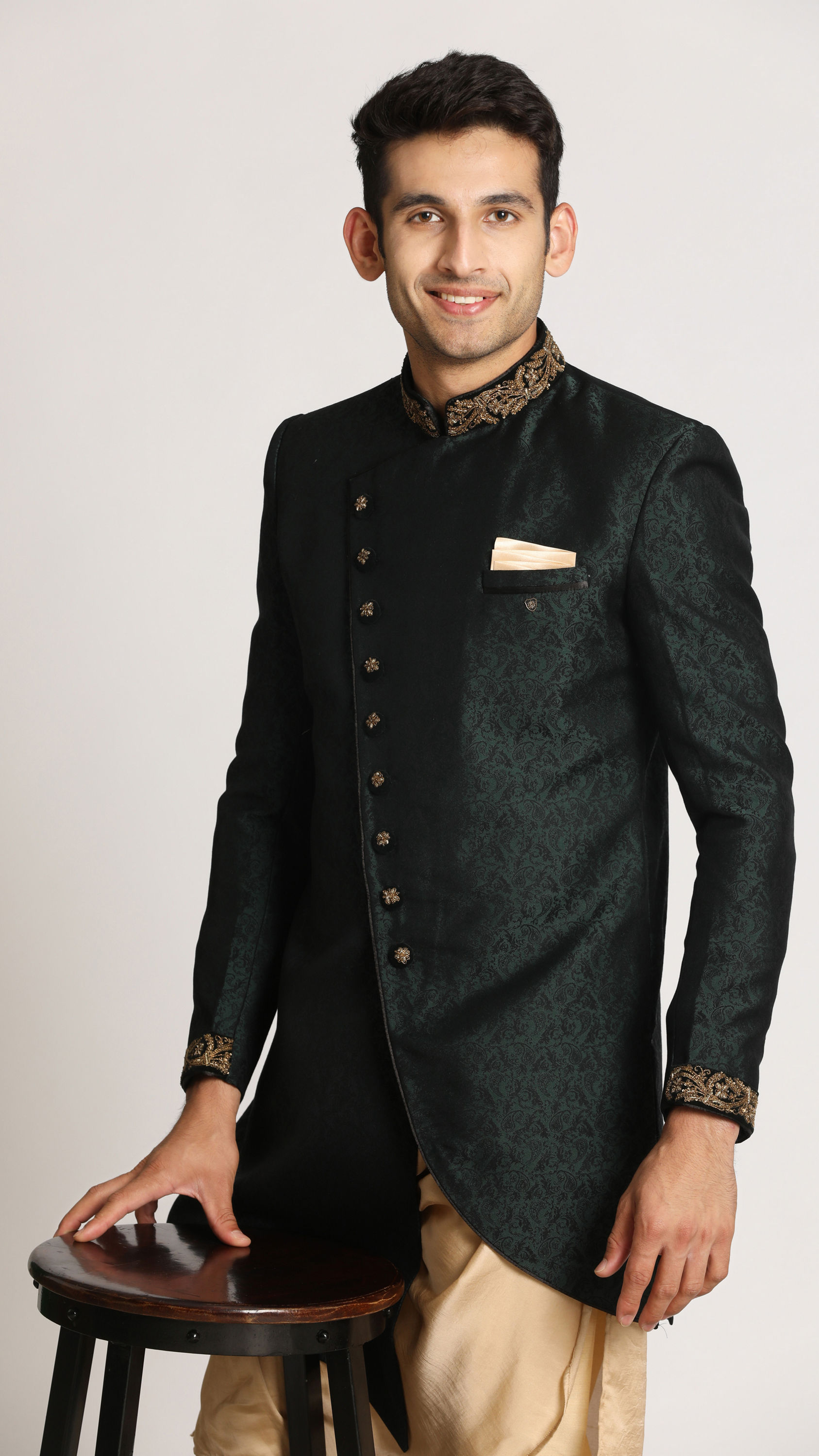 Manyavar Men Bottle Green Paisley Indo Western