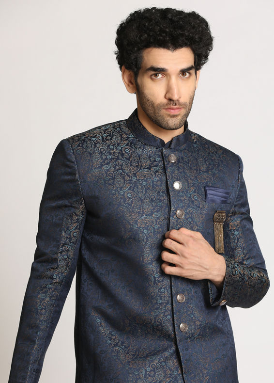 Manyavar Men Blue Paisley Print Indo Western