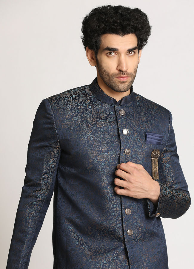 alt message - Manyavar Men Blue Paisley Print Indo Western image number 0