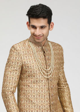Manyavar Men Fawn Sherwani With Heavy Embroidery Work