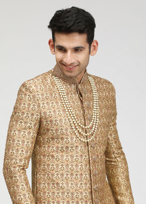 Manyavar Men Fawn Sherwani With Heavy Embroidery Work