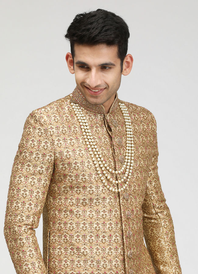 alt message - Manyavar Men Fawn Sherwani With Heavy Embroidery Work image number 0