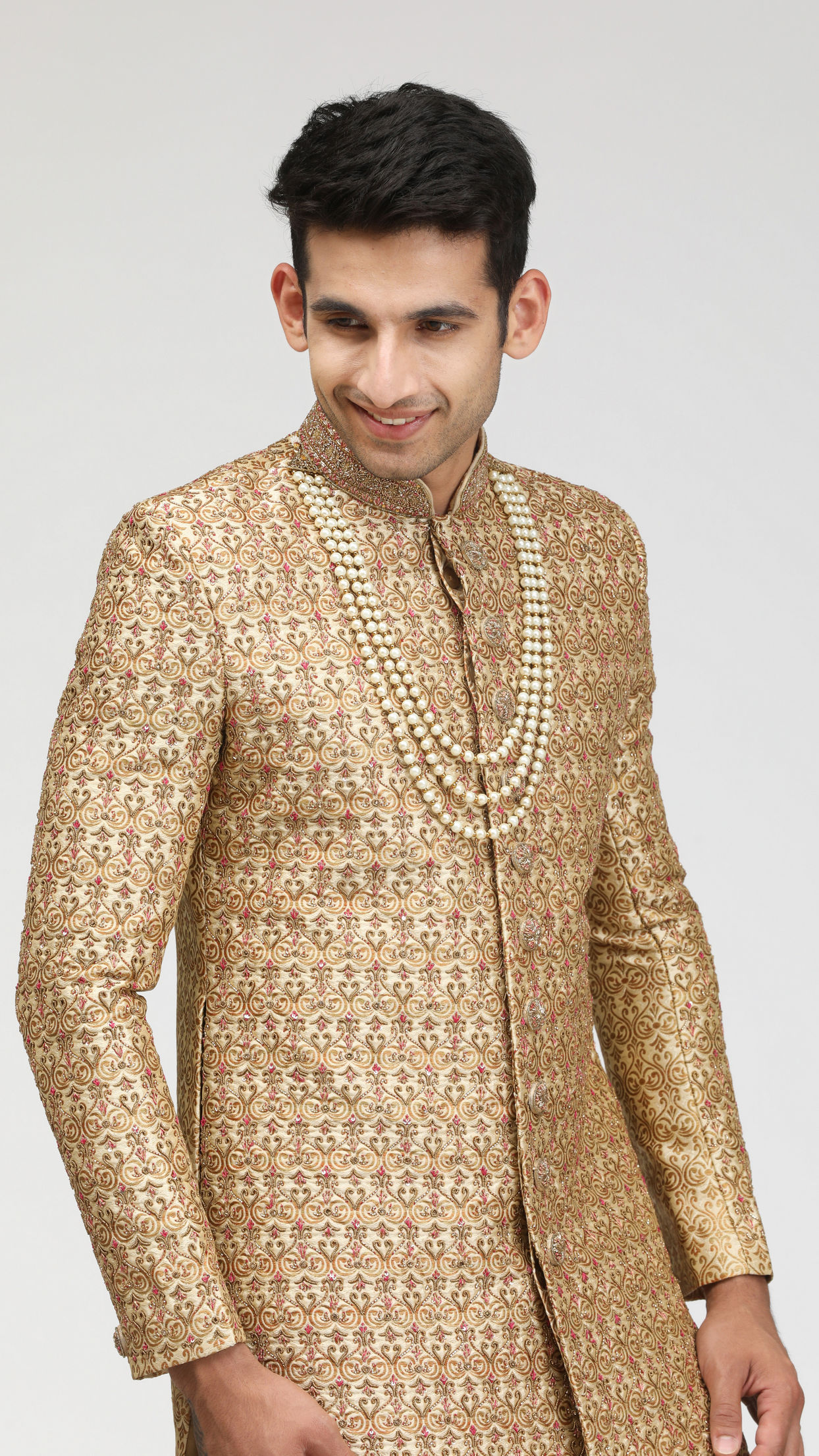 alt message - Manyavar Men Fawn Sherwani With Heavy Embroidery Work image number 0