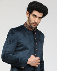 Manyavar Men Electric Blue Velvet Indo Western