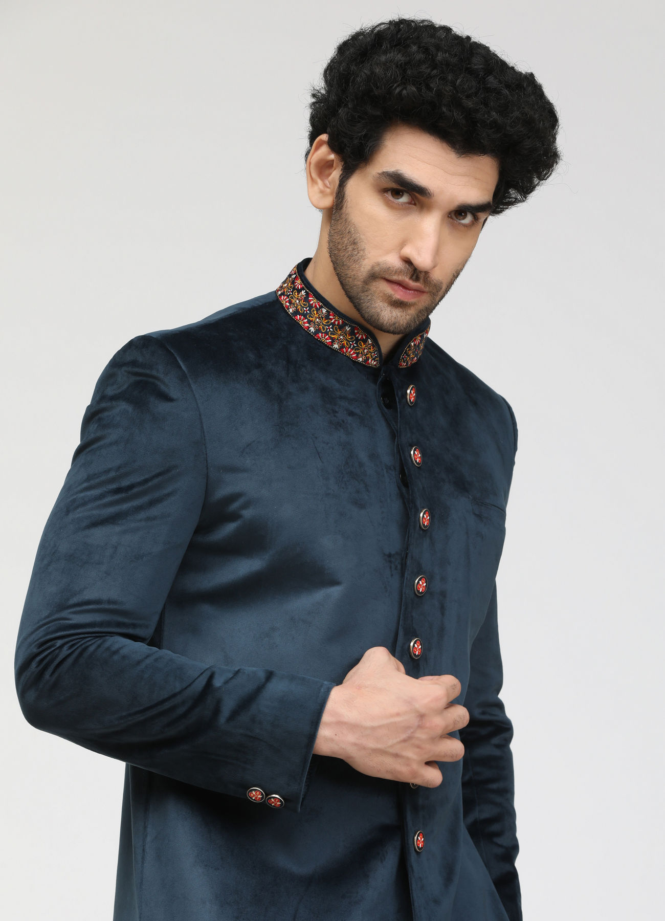 Manyavar Men Electric Blue Velvet Indo Western