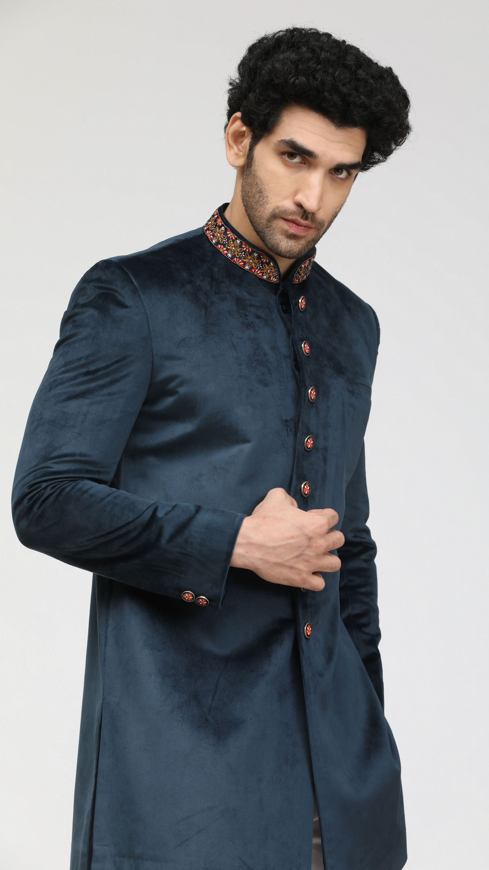 Manyavar Men Electric Blue Velvet Indo Western