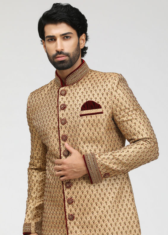 Manyavar Men Elegant Fawn Celebration Wear Sherwani