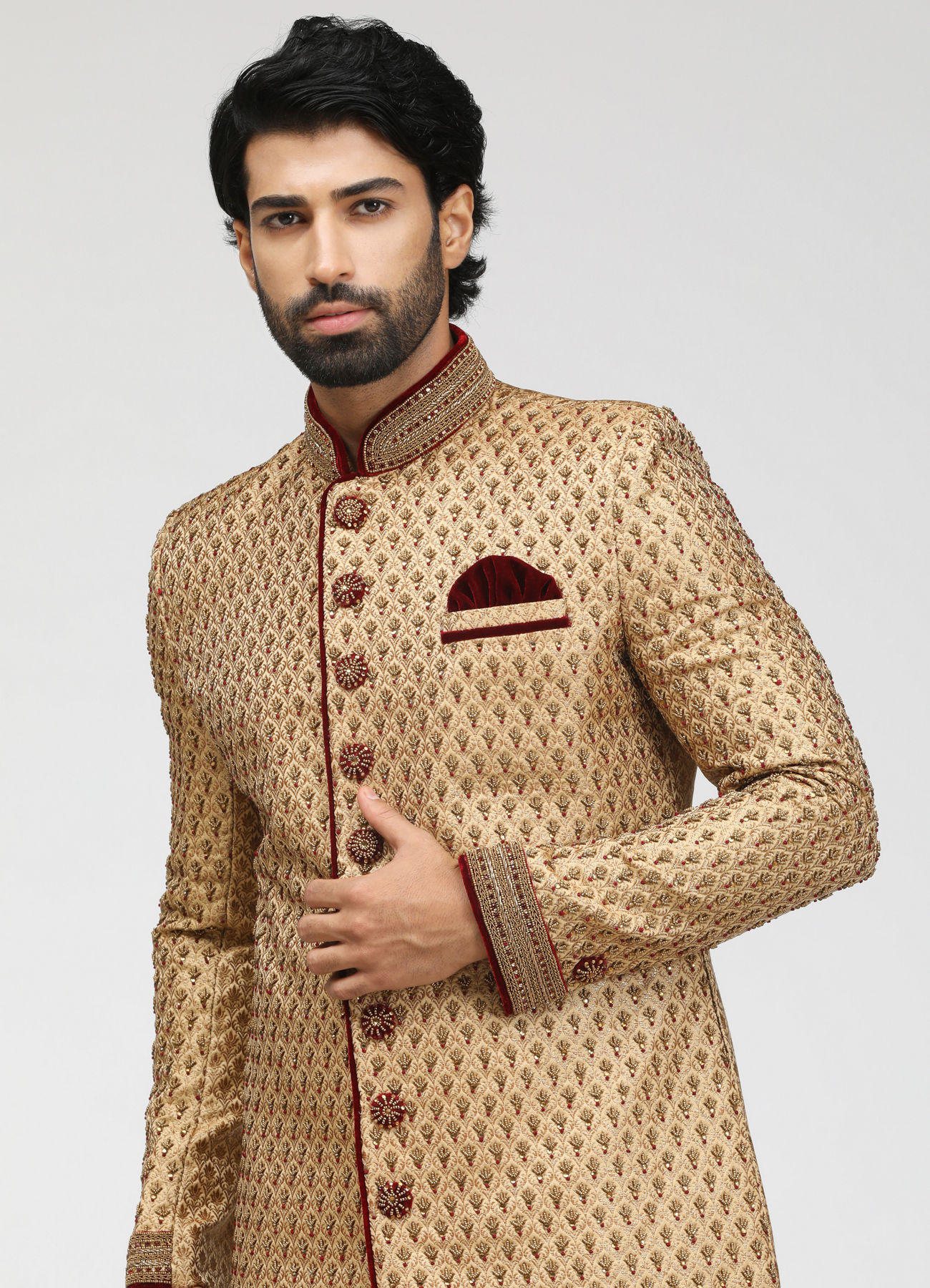 Manyavar Men Elegant Fawn Celebration Wear Sherwani