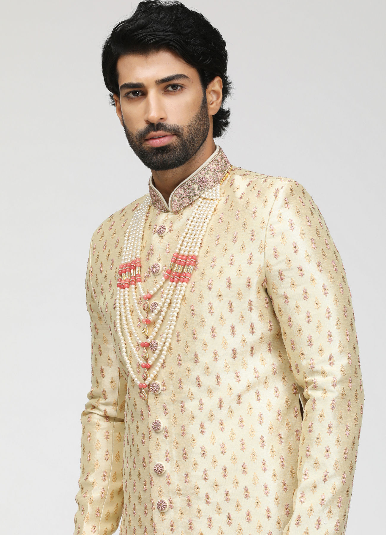Manyavar Men Beige Sherwani With Contrasting Motifs
