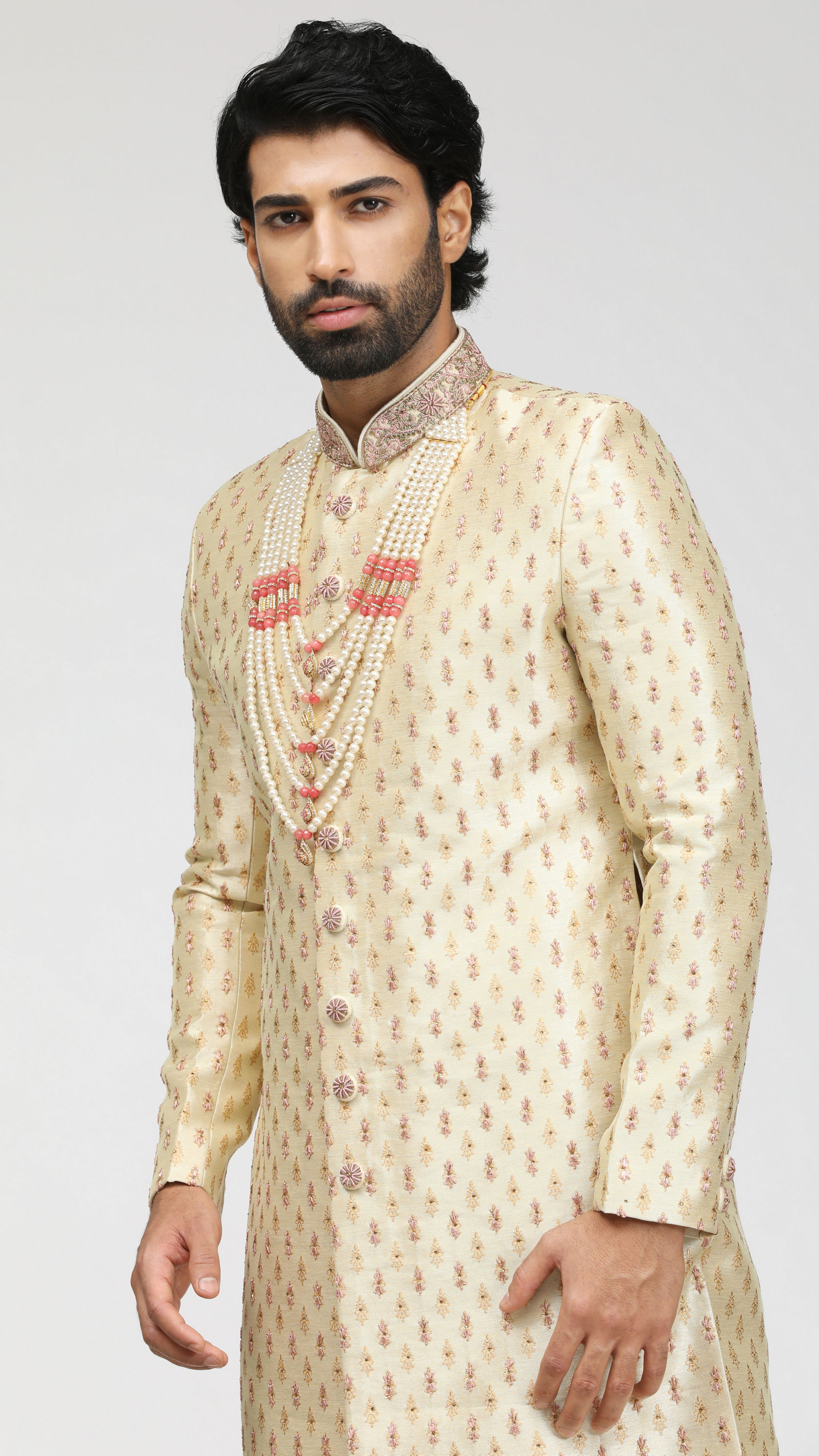 Manyavar Men Beige Sherwani With Contrasting Motifs