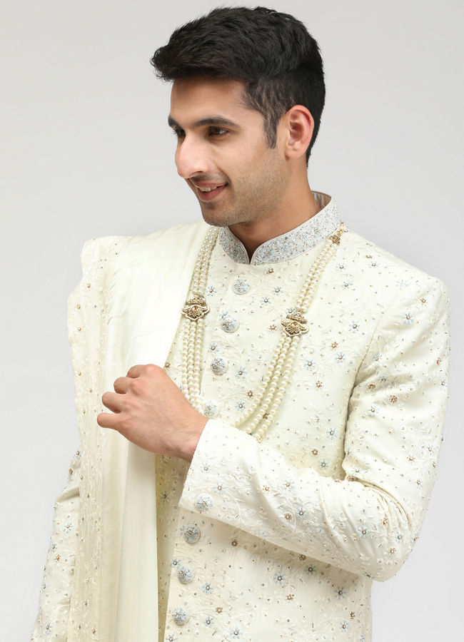 alt message - Manyavar Men Pearl White Embroidered Sherwani With Dupatta image number 0