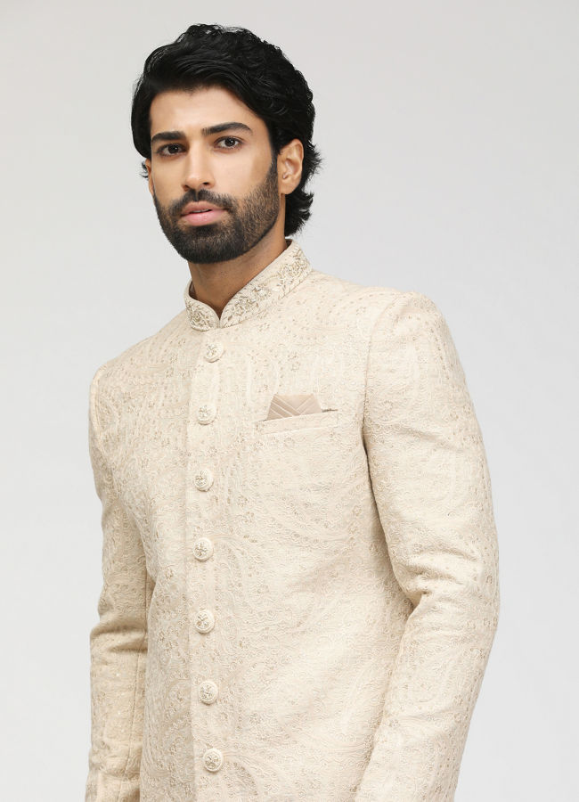 alt message - Manyavar Men Ash White Sherwani With Dupatta image number 0