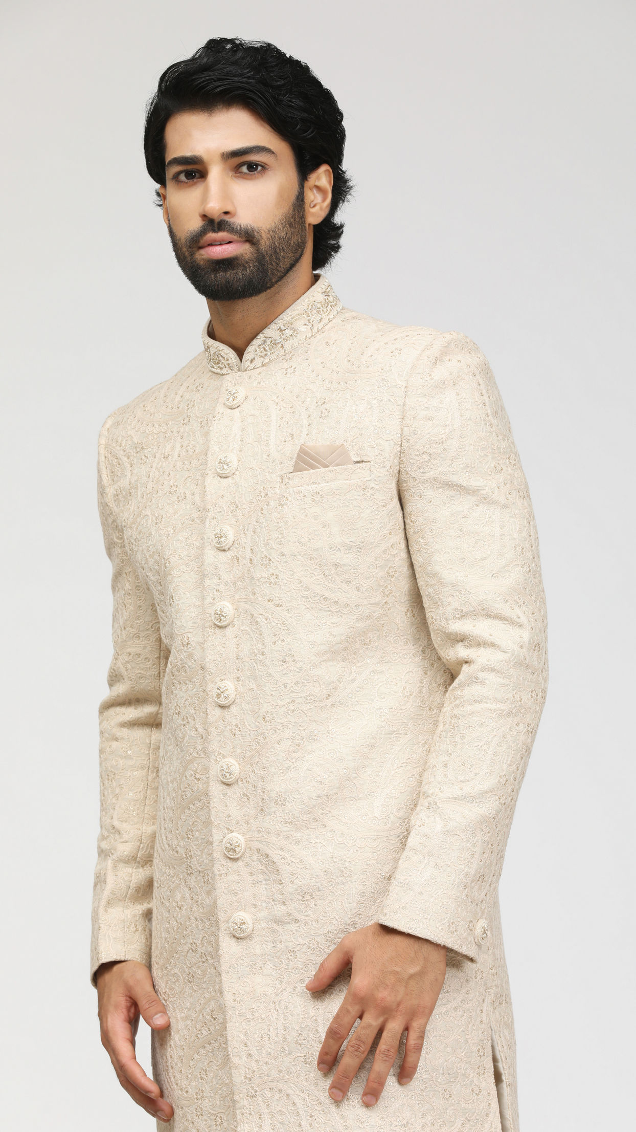 Manyavar Men Ash White Sherwani With Dupatta