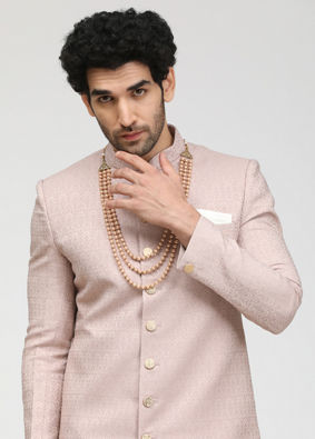 alt message - Manyavar Men Salmon Pink Self Design Sherwani image number 0