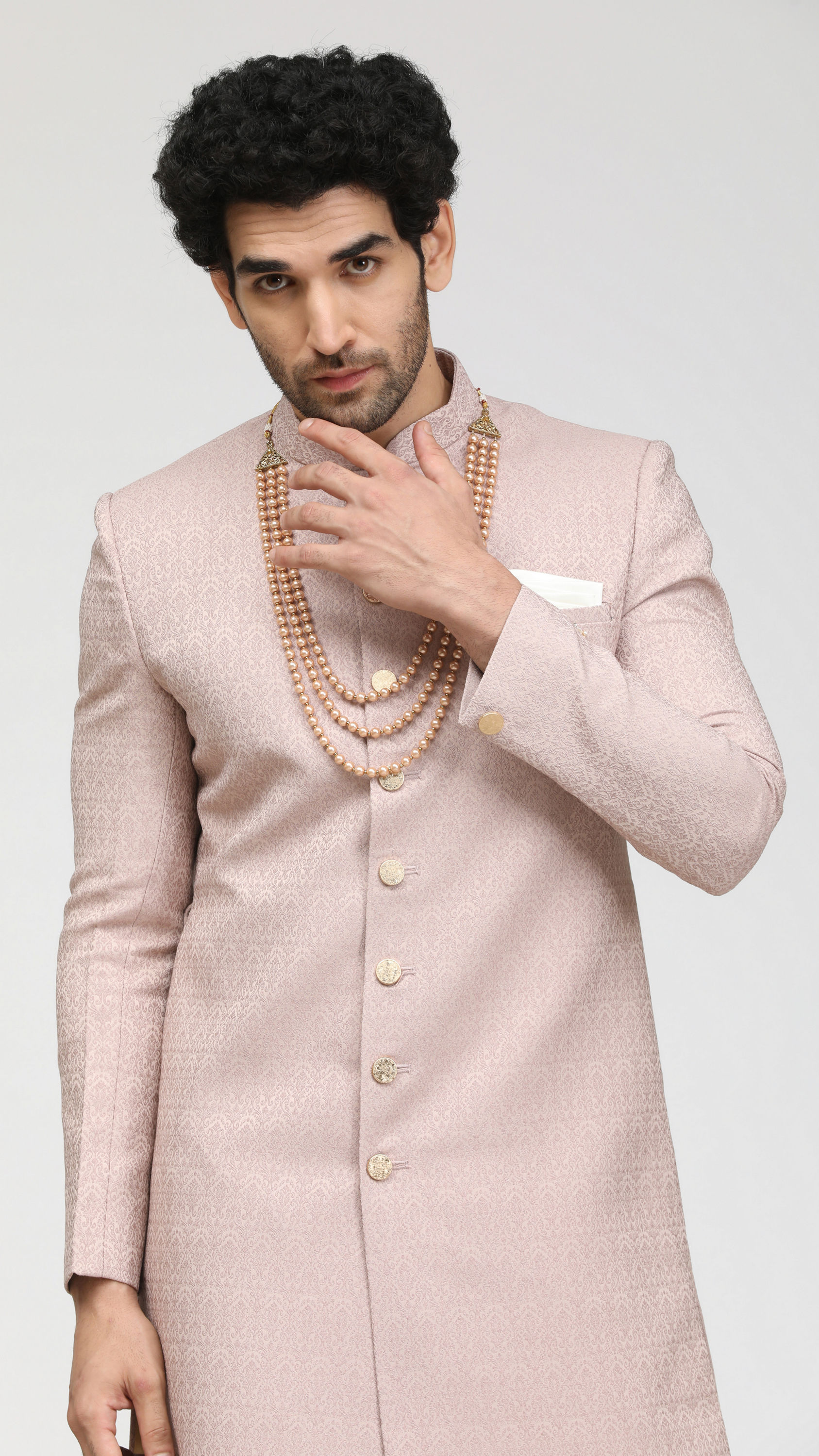 Manyavar Men Salmon Pink Self Design Sherwani