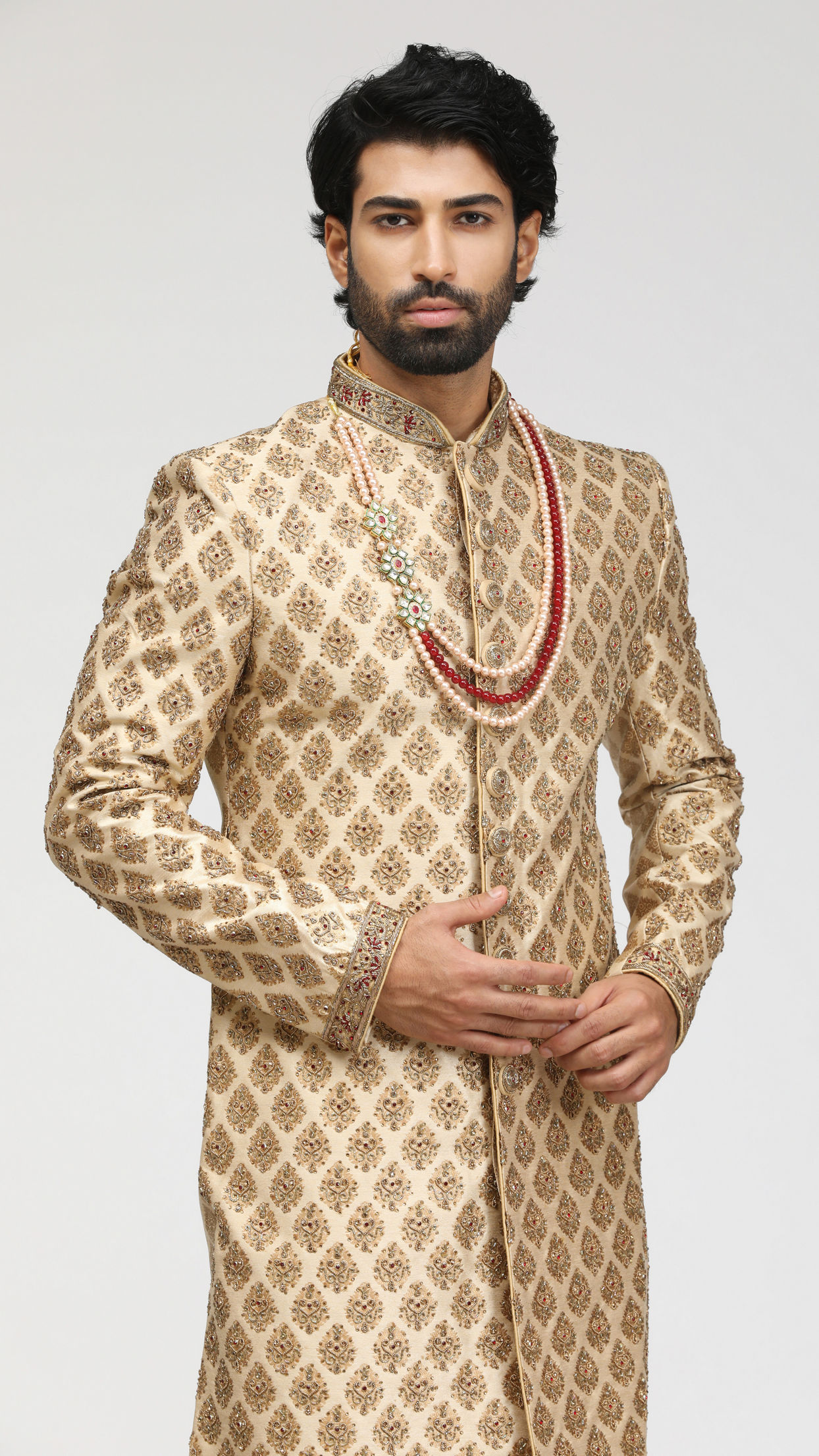 Manyavar Men Embellished Fawn Patterned Sherwani