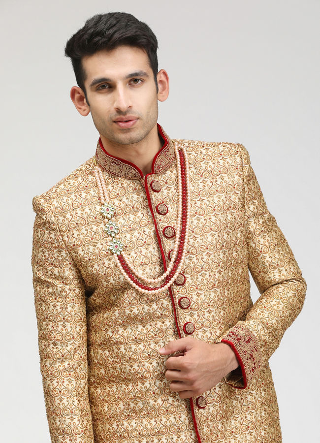 Manyavar Men Traditional Sherwani In Beige image number 0