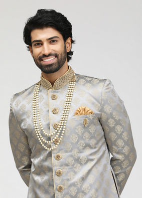 Lucknowi Work Modern Grey Jacket Style Sherwani