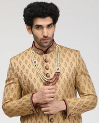 Manyavar Men Beige Jacquard Sherwani Set