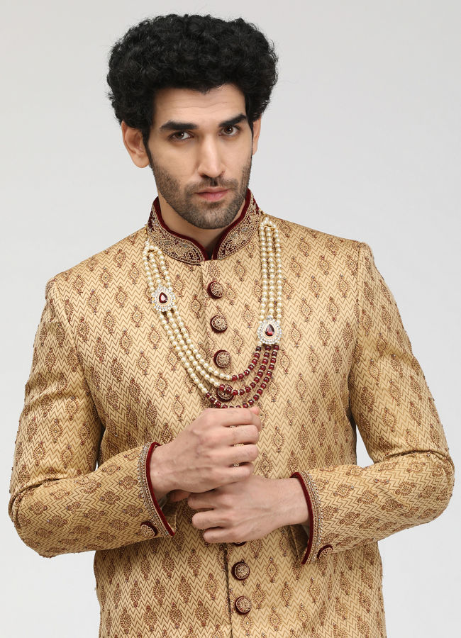 Manyavar Men Beige Jacquard Sherwani Set