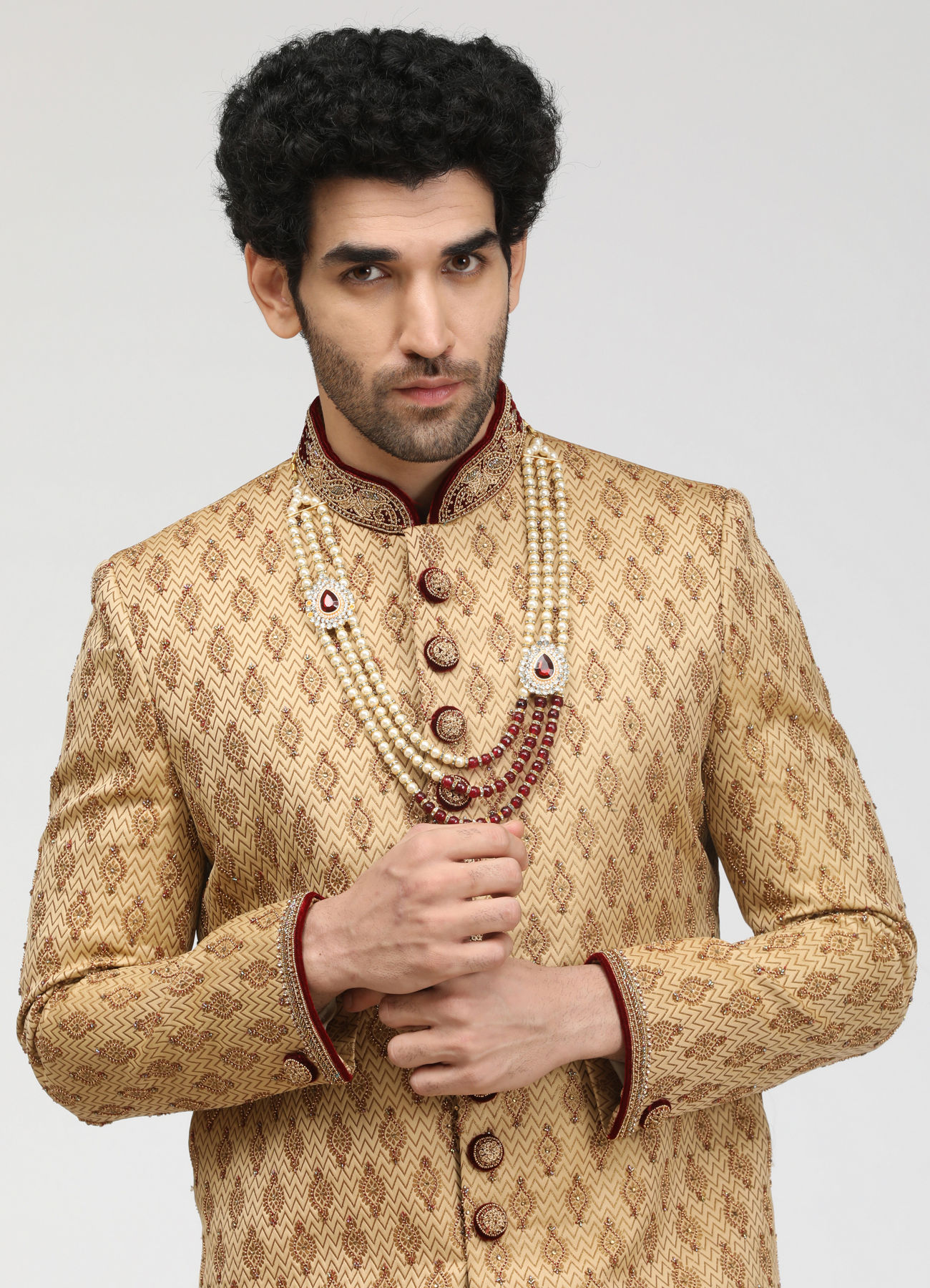 Manyavar Men Beige Jacquard Sherwani Set
