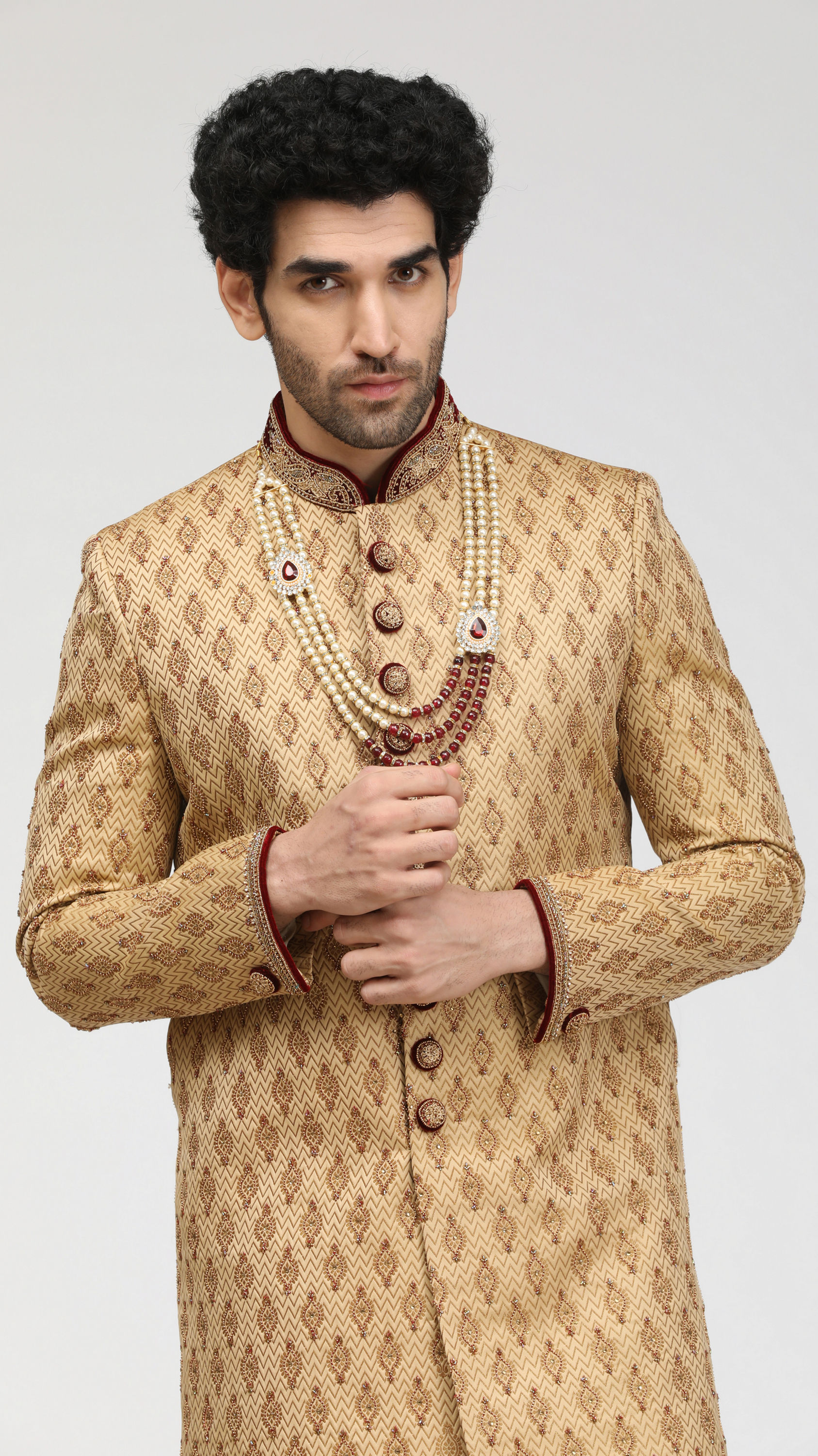 Manyavar Men Beige Jacquard Sherwani Set