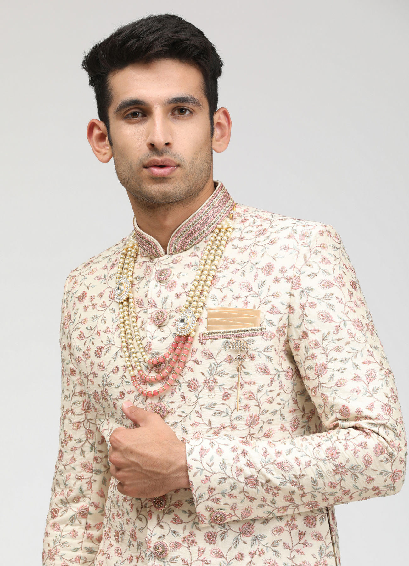 Manyavar Men Ivory Cream Sherwani with Floral Motifs