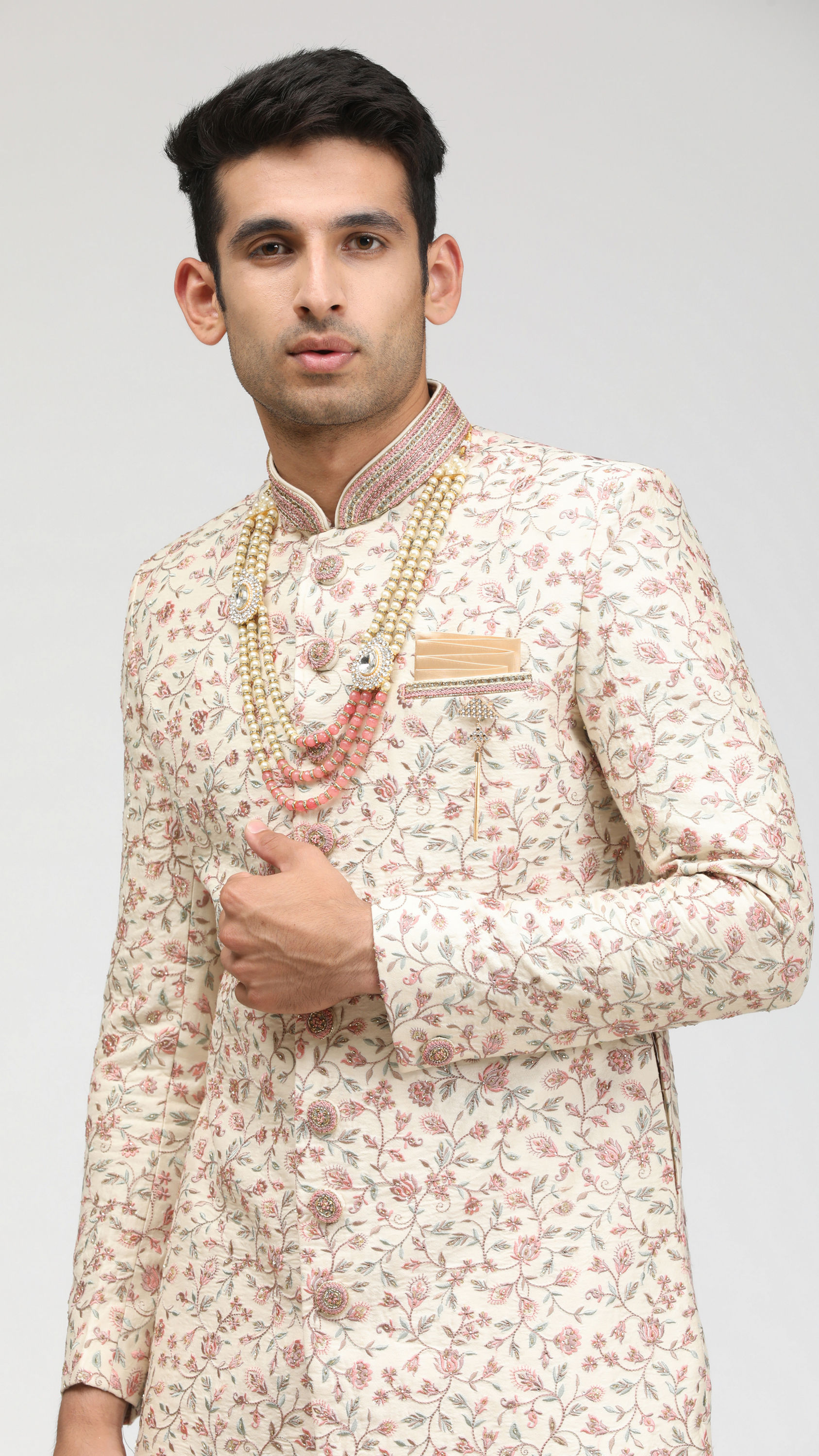 Manyavar Men Ivory Cream Sherwani with Floral Motifs