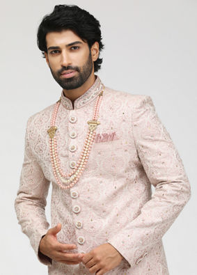 Coral Pink Ogee Patterned Sequin Sherwani Set image number 0