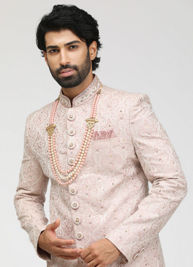 Coral Pink Ogee Patterned Sequin Sherwani Set image number 0