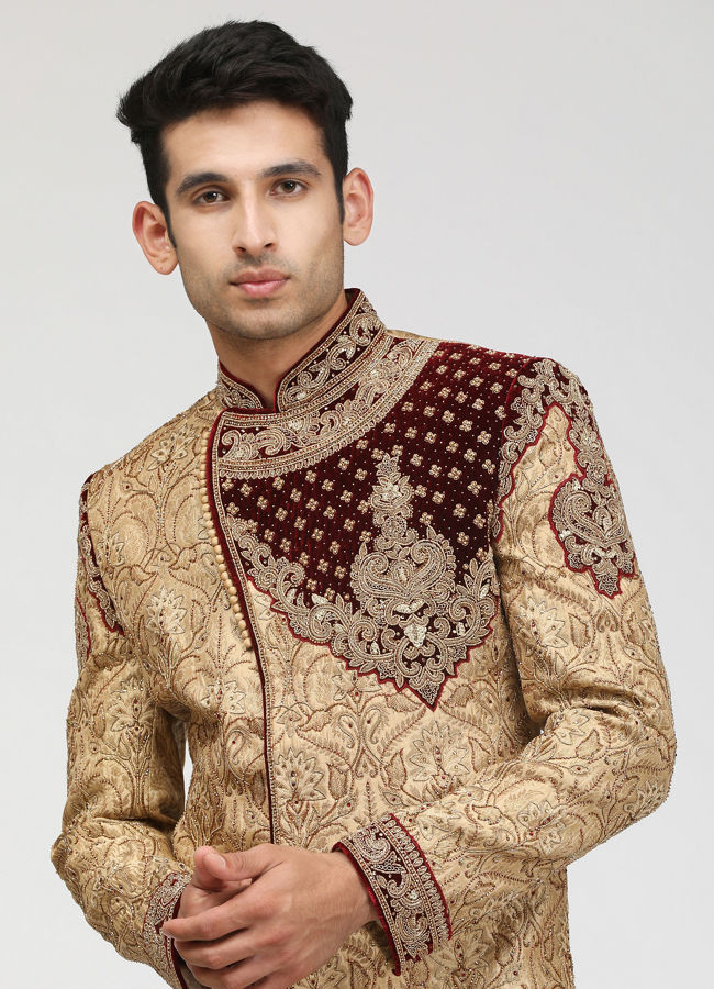 alt message - Manyavar Men Exquisitely Detailed Fawn Sherwani image number 0