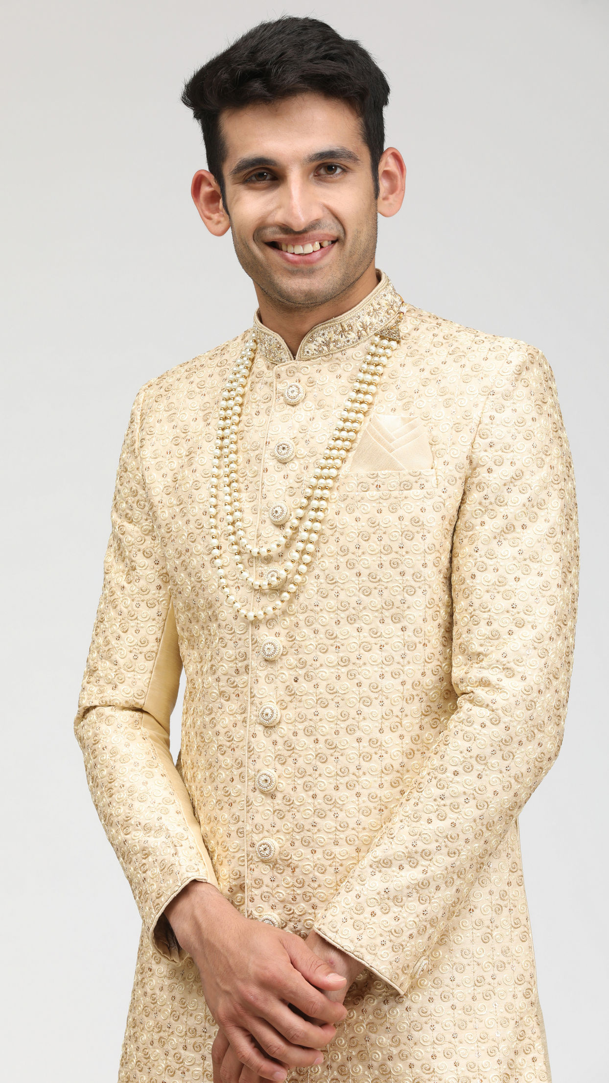 alt message - Manyavar Men Minimalist Cream Sherwani image number 0