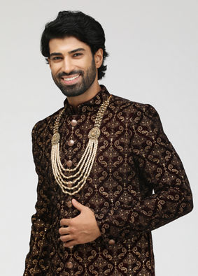 alt message - Manyavar Men Maroon Velvet Embroidered Sherwani image number 0