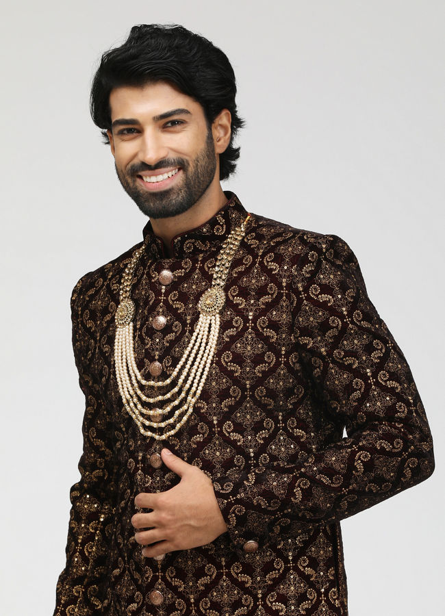 Buy Maroon Velvet Embroidered Sherwani Online Manyavar Sherwani