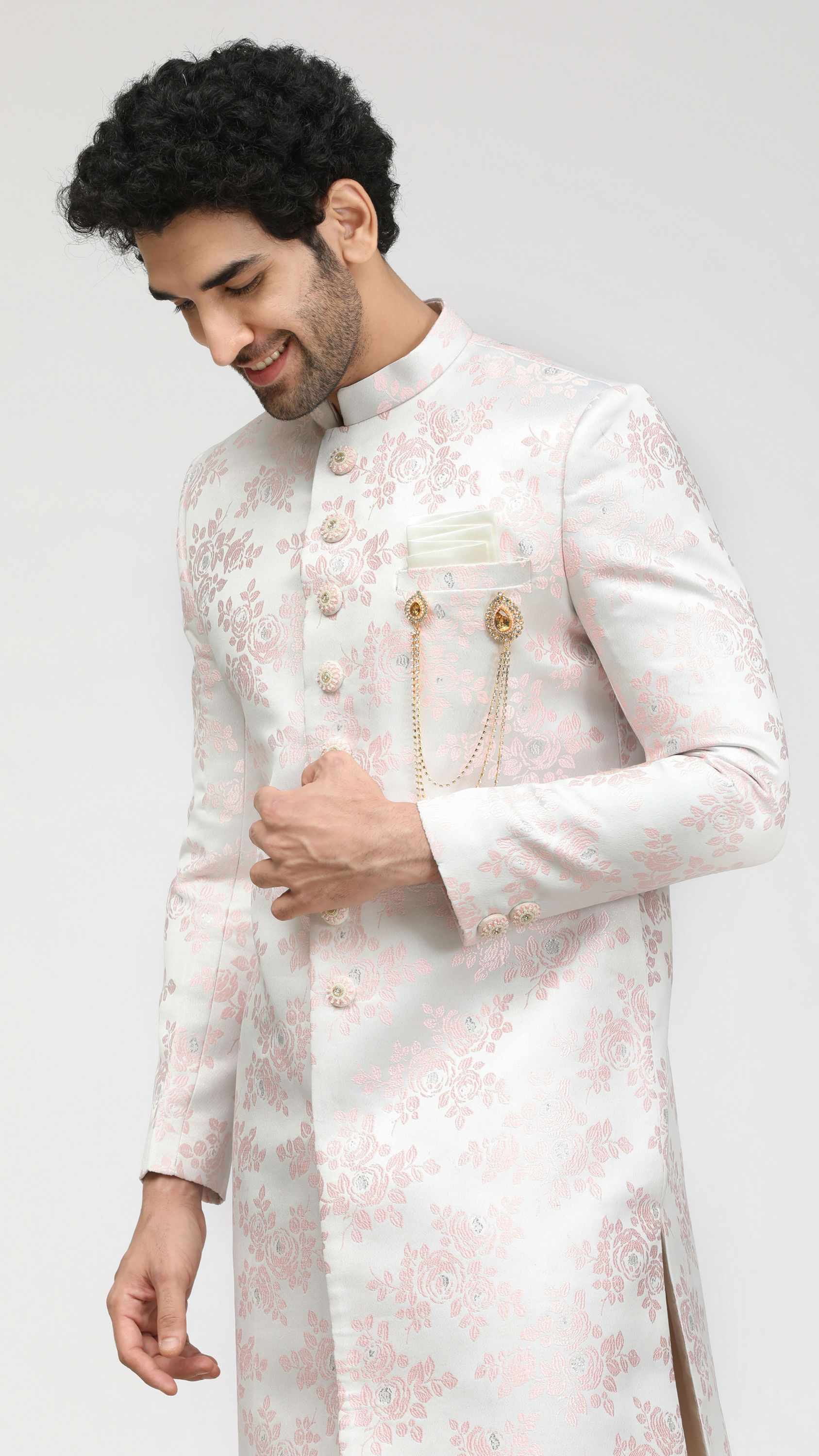 Manyavar Men Faded Pink Sherwani With Floral Motifs