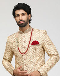 Manyavar Men Beige Sherwani With Heavy Embroidery Work
