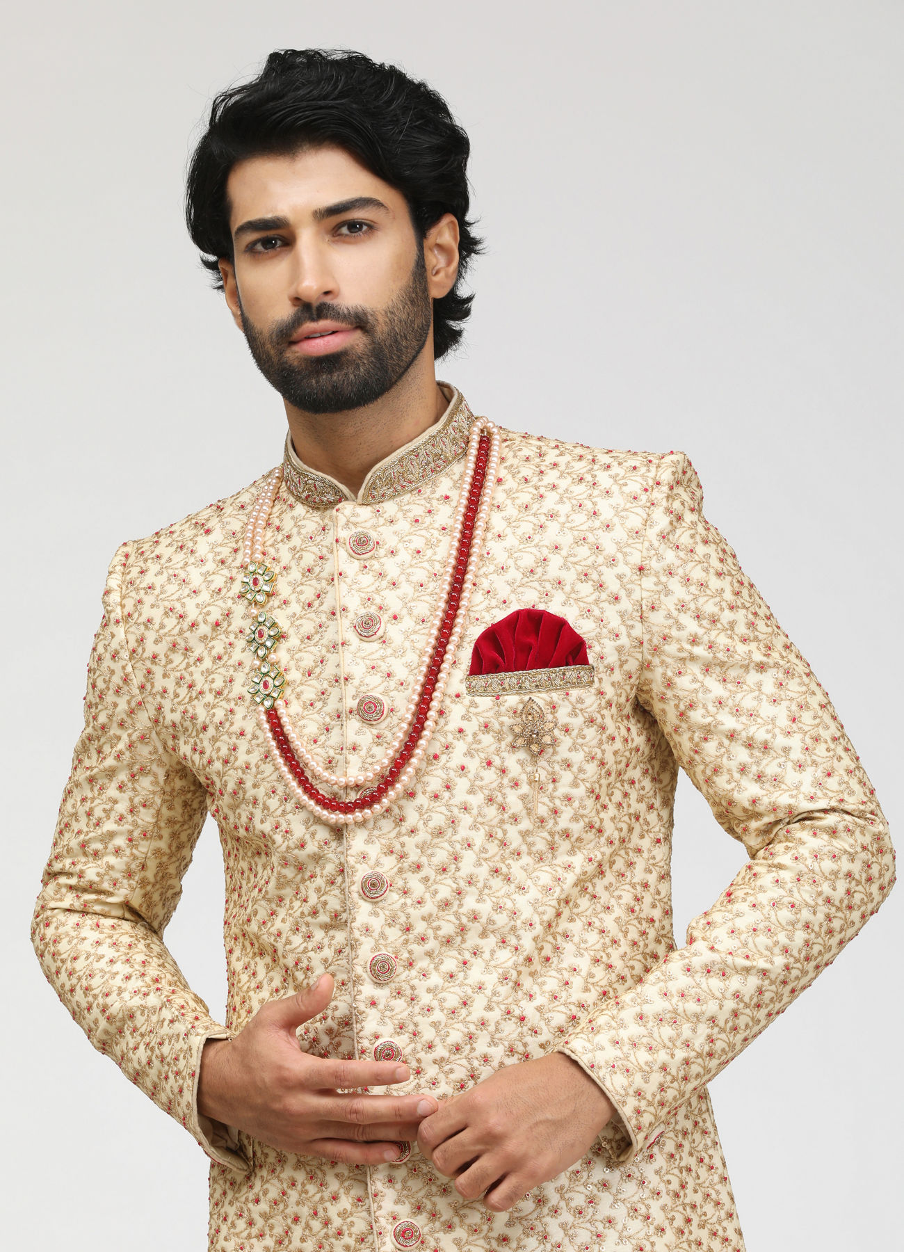 Manyavar Men Beige Sherwani With Heavy Embroidery Work